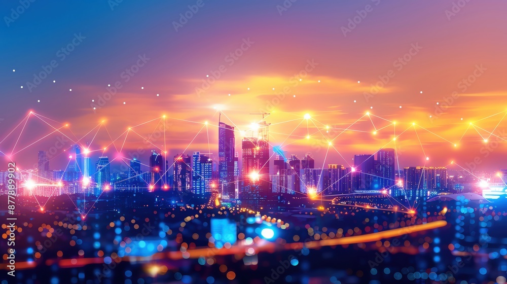 Fototapeta premium Vibrant cityscape at sunset with glowing technology connections, showcasing the concept of a futuristic smart city with advanced digital infrastructure.