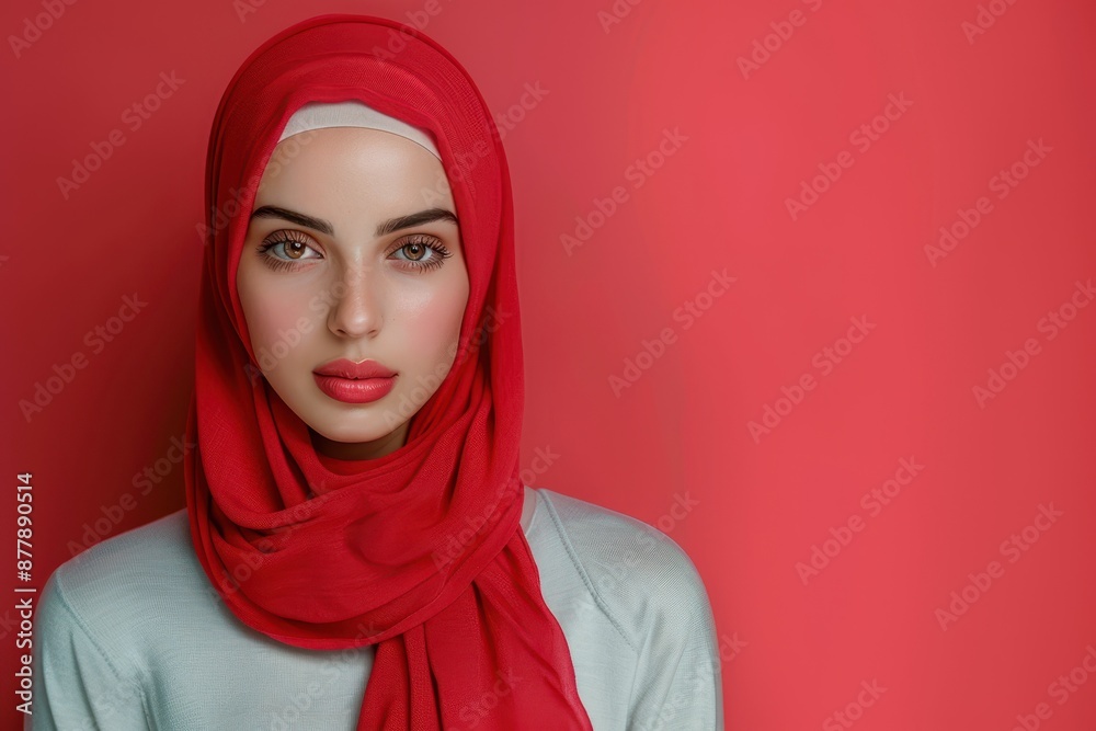 Young Woman in Red Hijab Against a Red Background