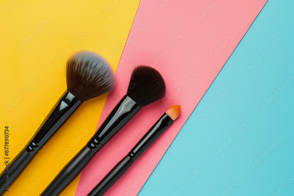 Three makeup brushes are displayed on a colorful background. The brushes are black and the background is a mix of pink, yellow, and blue. Concept of creativity and beauty Three makeup brushes are displayed on a colorful background. The brushes are black and the background is a mix of pink, yellow, and blue. Concept of creativity and beauty