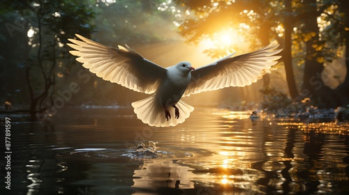 A tranquil river with light reflecting on the water and a dove in flight, symbolizing the Holy Spirit's calming presence