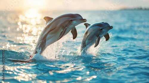 Fototapeta na wymiar Two playful dolphins leap from the sparkling blue water at sunset. A perfect summer scene!
