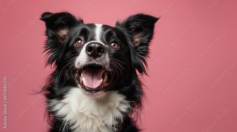 Fototapeta premium Portrait photography of a cute little Border Collie happy smiling , studio shot isolated on single color background ,editorial style, shoot by DSLR .