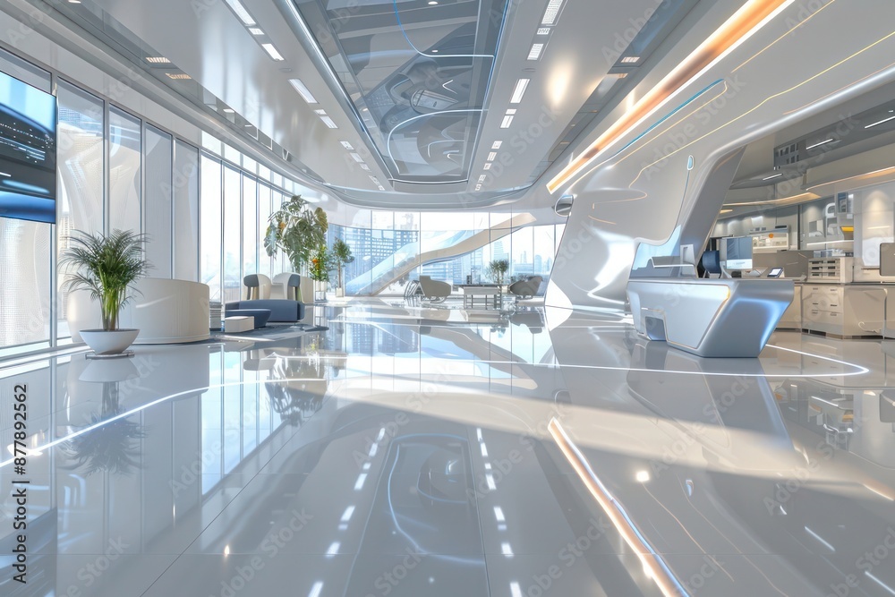 Fototapeta premium A dynamic virtual office environment with AI-powered assistants, augmented reality interfaces, and immersive collaboration tools, highlighting the future of business.