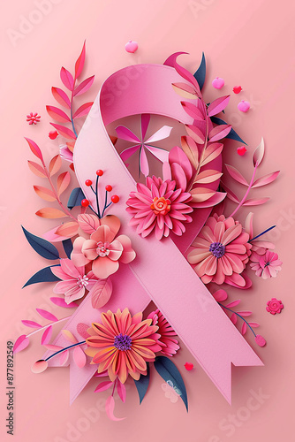 Paper cut style pink ribbon and floral elements on awareness background