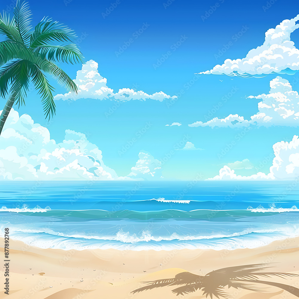 Fototapeta premium 3️⃣ cartoon vector style landscape view of the beach with palm trees, blue sky and white clouds, ocean waves crashing onto sandy shore, bright summer day 