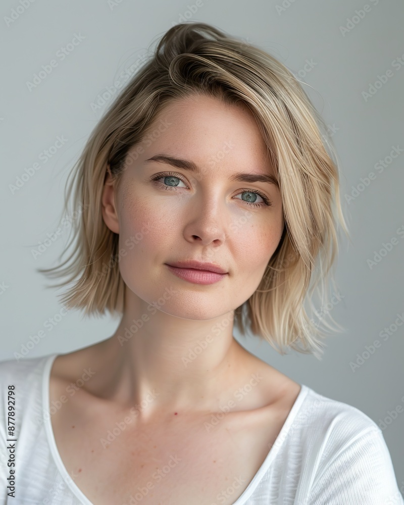 A professional portrait of a friendly and sympathetic-looking woman with bobbed blonde hair, fit and attractive body, in a studio background