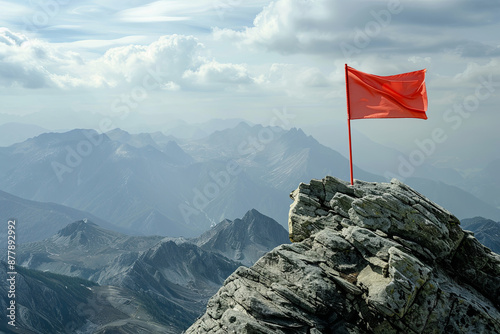 Flag on a mountain peak, symbolizing overcoming difficulties, goal achievement, and a winning strategy with a focus on results