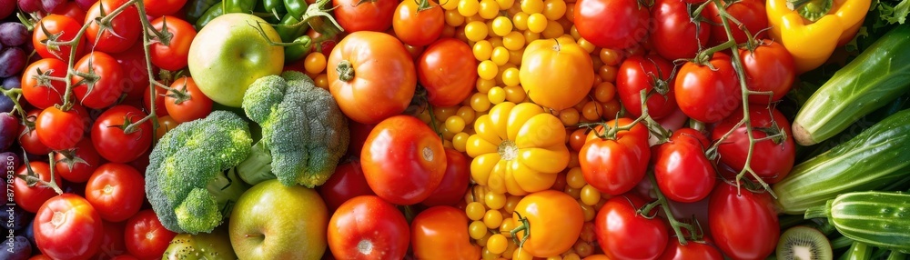 A vibrant assortment of fresh vegetables and fruits, including tomatoes, cucumbers, broccoli, and peppers, displayed in a colorful arrangement. A vibrant assortment of fresh vegetables and fruits, including tomatoes, cucumbers, broccoli, and peppers, displayed in a colorful arrangement.