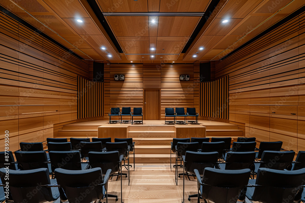 Conference hall with wooden wall paneling and rows of black chairs, event planning space