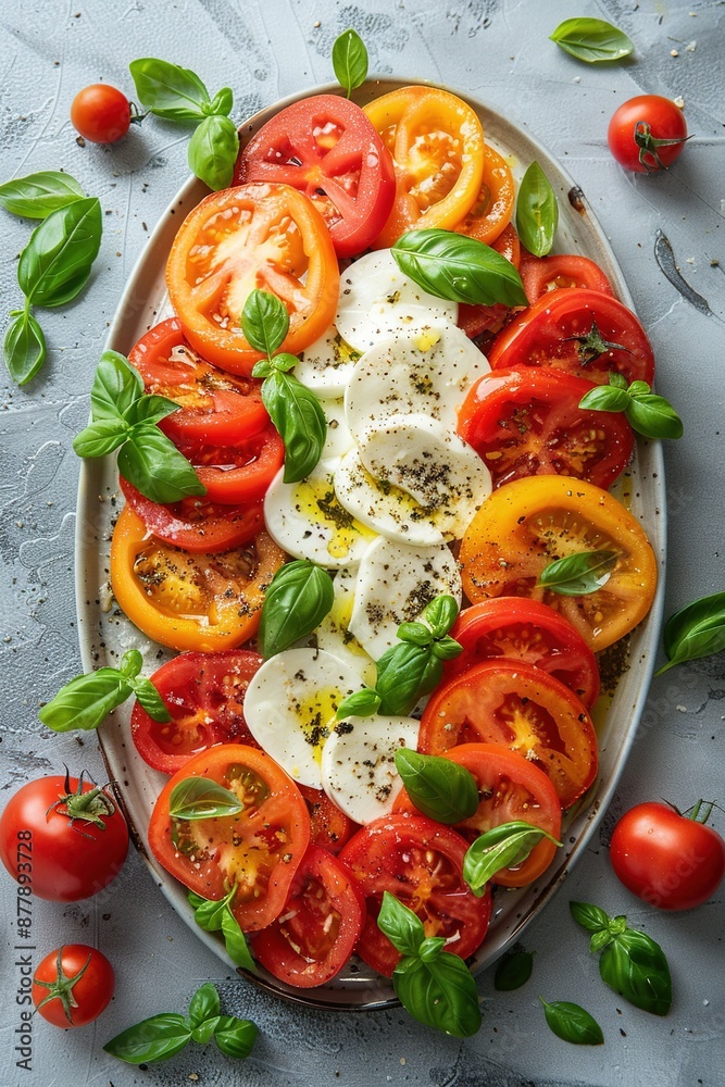 A platter of fresh vibrant tomatoes and mozzarella arranged garnished with basil leaves A platter of fresh vibrant tomatoes and mozzarella arranged garnished with basil leaves