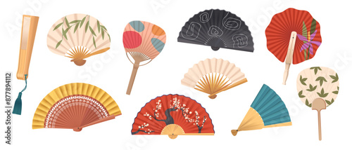 Vector Collection Of Traditional Asian Hand Fans With Various Designs And Colors Showcase Elegance, Cultural Richness