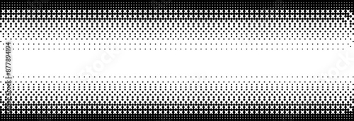 Pixelated bitmap gradient texture. Black and white dither pattern background. 8 bit video game screen wallpaper. Retro glitchy pixel art illustration. Abstract vector wide dithering horizontal border
