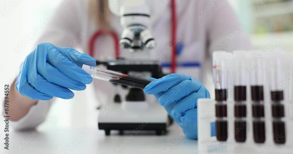 Lab assistant holds test tube with patient blood sample