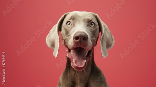 Portrait photography of a cute little Weimaraner happy smiling , studio shot isolated on single color background ,editorial style, shoot by DSLR .
