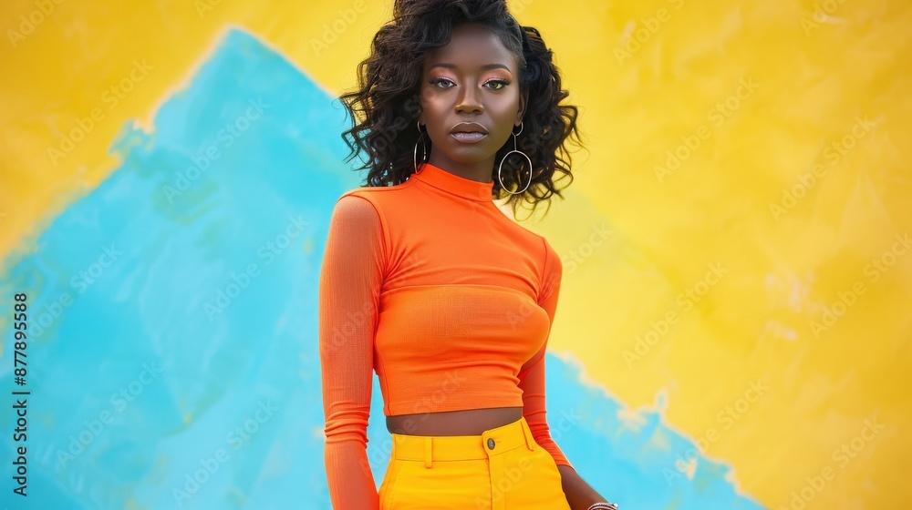 Fototapeta premium A woman in an orange top and yellow pants poses in front of a blue