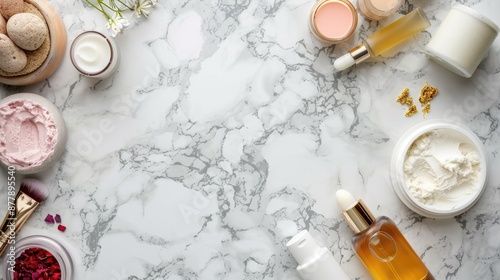 Beauty products on marble background photo