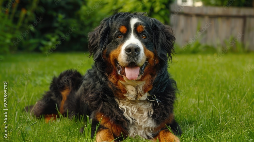Big Bernese Mountain Dog Happily Posing on Green Grass