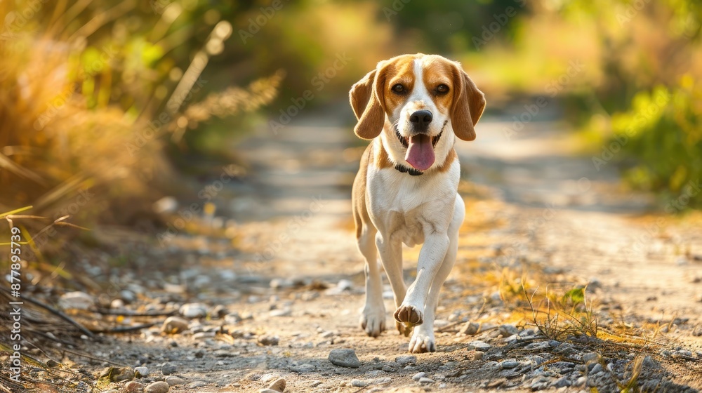 Beagle walking on a country road on a sunny day with space for text Beagle walking on a country road on a sunny day with space for text