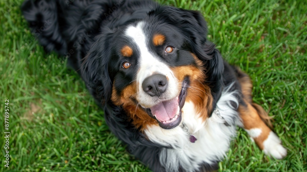 Big Bernese Mountain Dog Happily Posing on Green Grass Big Bernese Mountain Dog Happily Posing on Green Grass