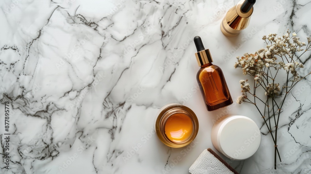 Beauty products on marble background Beauty products on marble background