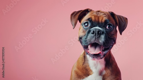Portrait photography of a cute little Boxer happy smiling , studio shot isolated on single color background ,editorial style, shoot by DSLR .