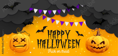 Halloween paper cut banner with pumpkins, casting bewitching spectral glow, bats, garlands and black clouds. 3d vector design of festive decor that brings a touch of spooky charm to celebration