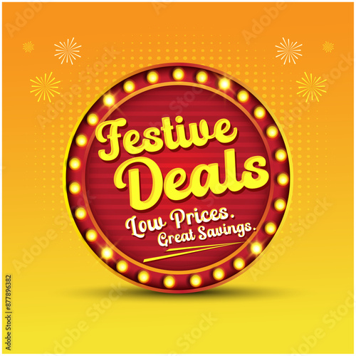 Festive Deals. Advertising, Promotional, Sale Logo Template Design Vector Layered. Vintage Classic 3d Retro Circle Lights