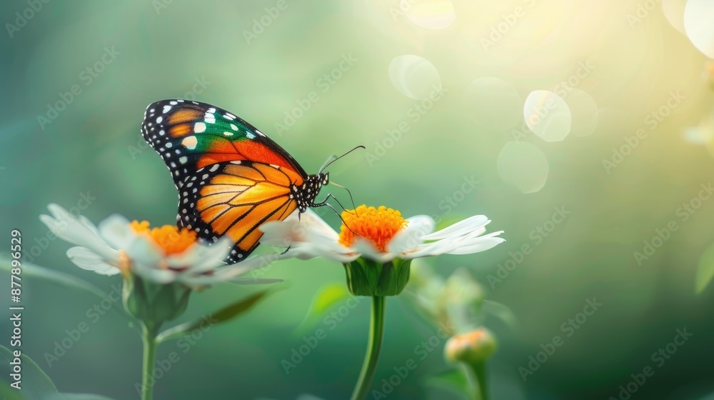 Beautiful butterfly resting on green cosmos flower petal Beautiful butterfly resting on green cosmos flower petal