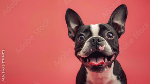 Portrait photography of a cute little Boston Terrier happy smiling , studio shot isolated on single color background ,editorial style, shoot by DSLR .