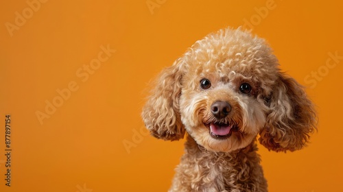 Portrait photography of a cute little Poodle happy smiling , studio shot isolated on single color background ,editorial style, shoot by DSLR .