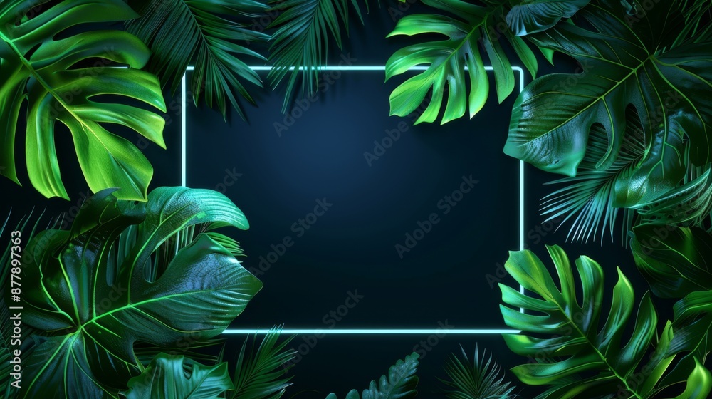 Tropical leaves with green neon frame for background on black. Summer tropic background Tropical leaves with green neon frame for background on black. Summer tropic background