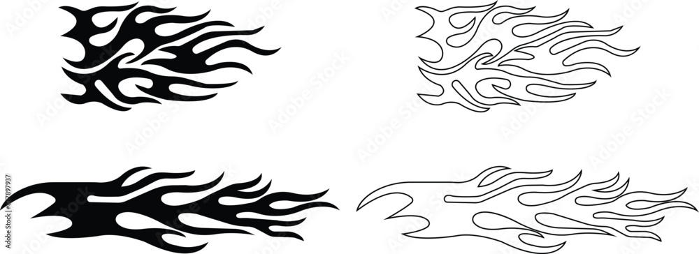 Set of Tribal black flat, Outline fire and flame tattoo designs ...