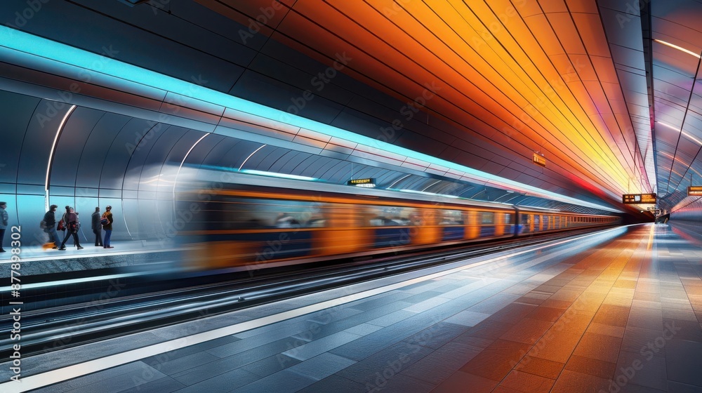 Modern train station, commuters in motion, sleek design, vibrant colors, photo-realistic, dynamic perspective Modern train station, commuters in motion, sleek design, vibrant colors, photo-realistic, dynamic perspective