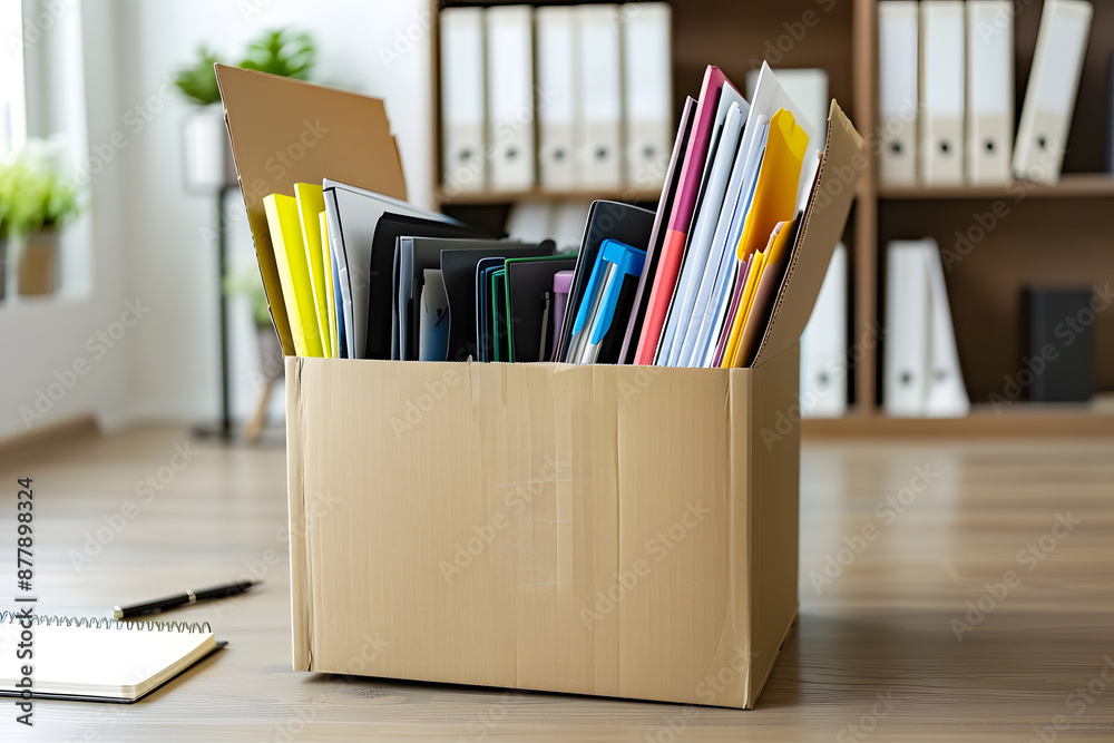 Fototapeta premium A cardboard box filled with papers and a pen