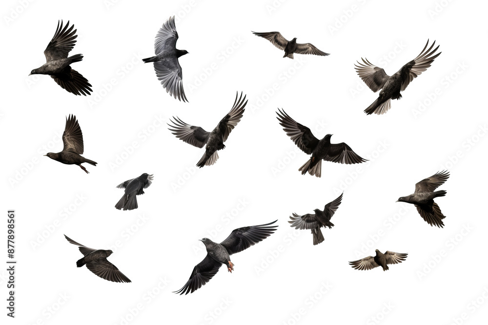 Fototapeta premium Flock of birds in flight on transparent background for easy decorating projects, PNG style with white background