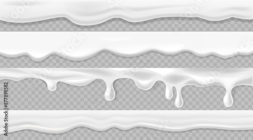 Set Of Flowing Cream Or Milk Textures Isolated On Transparent Background. Realistic 3d Vector Dairy Product Designs