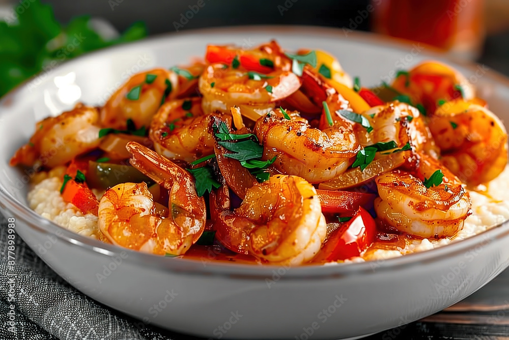 Spicy Sautéed Shrimp with Bell Peppers and Onions on Creamy Grits Spicy Sautéed Shrimp with Bell Peppers and Onions on Creamy Grits