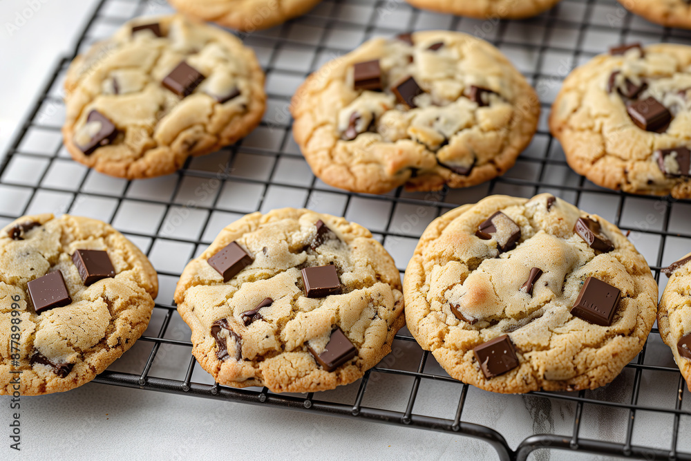 Freshly Baked Chocolate Chunk Cookies Cooling on a Wire Rack Freshly Baked Chocolate Chunk Cookies Cooling on a Wire Rack