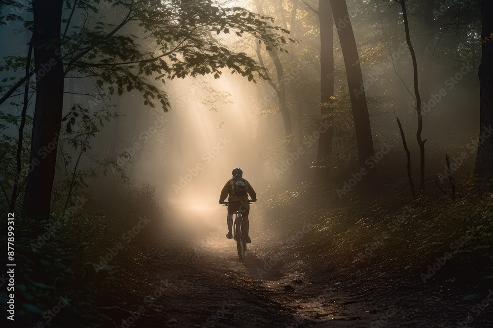 Cyclist Riding Through Misty Forest at Dawn Cyclist Riding Through Misty Forest at Dawn