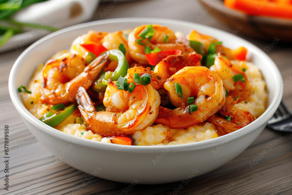 Spicy Sautéed Shrimp with Bell Peppers and Onions on Creamy Grits Spicy Sautéed Shrimp with Bell Peppers and Onions on Creamy Grits