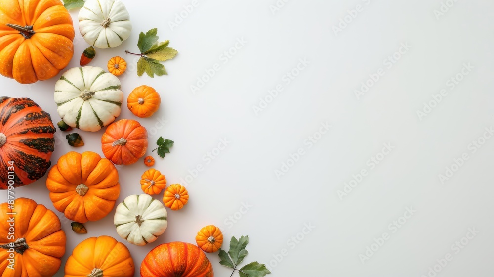 Fototapeta premium Autumn still life with pumpkins and gourds, flat lay, white background, seasonal decoration