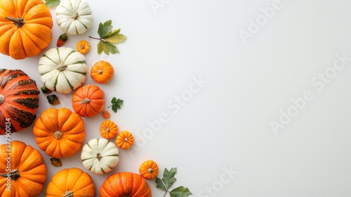 Autumn still life with pumpkins and gourds, flat lay, white background, seasonal decoration