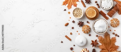 Autumn dessert table flat design, student-made sweets, vibrant and festive, white background