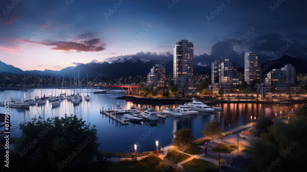 Twilight Marina Cityscape with Mountain Backdrop Twilight Marina Cityscape with Mountain Backdrop