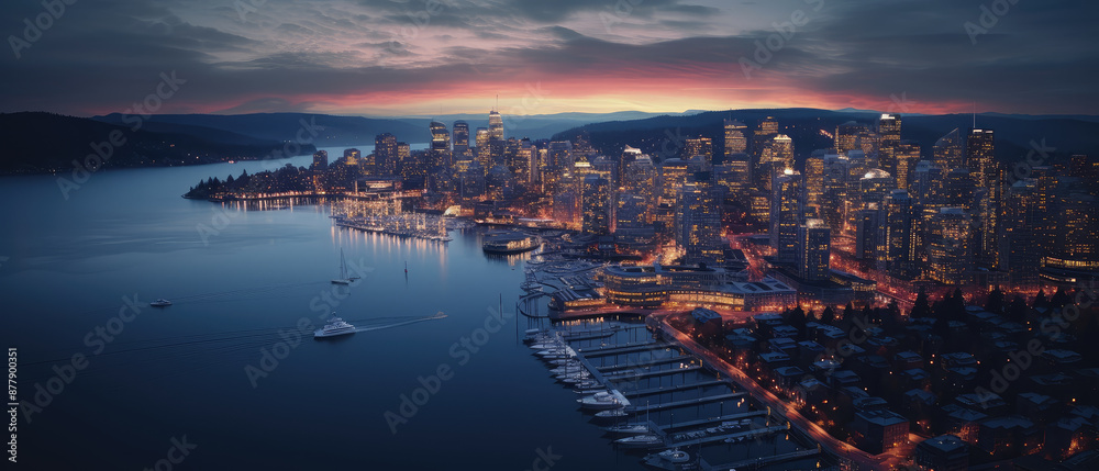 Obraz premium Majestic Twilight Cityscape by the Waterfront