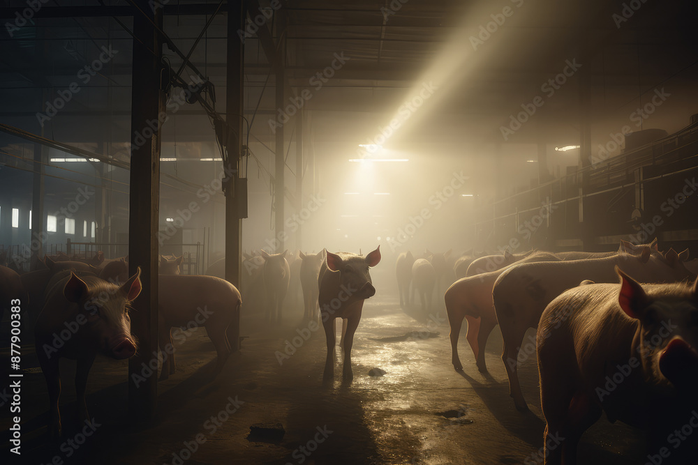 Obraz premium Mystical Sunrise Over Indoor Pig Farm