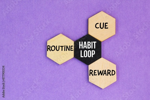 wooden hexagon with the words habit loop which are cue, routine and reward. 4 Strategies For Developing Successful Habits photo