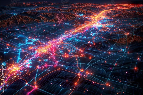 Digital map of California US Network Connection created with Generative AI © dendyh7