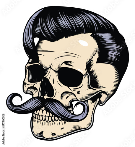 A strikingly detailed pop art sticker of a skull adorned with a handlebar mustache and a stylish posh undercut haircut against a solid black background. The image, reminiscent of a painting, features 