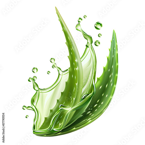 Fresh aloe vera leaves splashing in aloe vera juice, cut out